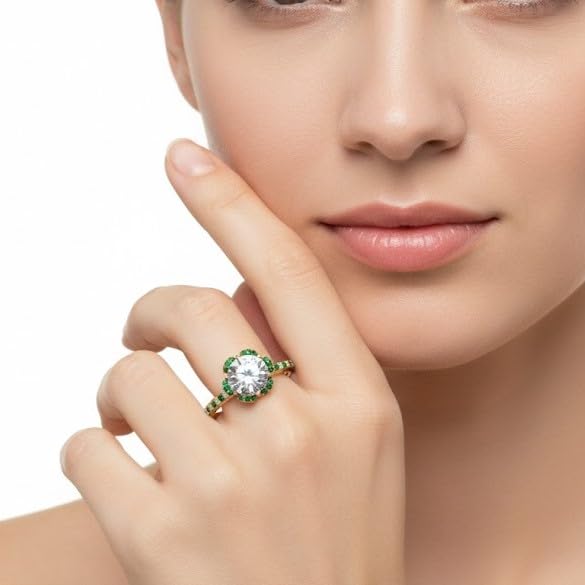 Image of 55Carat Choose Your Gemstone 6 Petal Ring Yellow Gold Plated Round Shape Halo Engagement Rings Well Shaped for Any Gift Giving Occassion Modern Style Enchating Women US Size 4 to 12