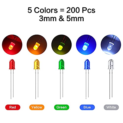 200Pcs 3Mm & 5Mm Led Light Emitting Diodes Assortment Kit, Mini/Tiny/Small Individual Led Single Light, Clear/White Red Green Blue Yellow Assorted Led Diode Bulbs Set For Arduino, Breadboard, Etc #TOP2
