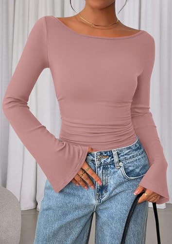 Image of PRETTYGARDEN Women Long Sleeve Shirt 2025 Crop Casual Boat Neck Bell Sleeve Ribbed Ruched Y2K Clothing