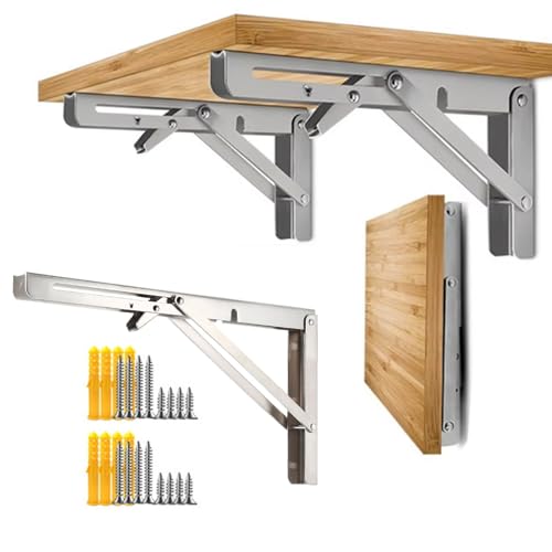 Folding Shelf Brackets, 2 Pcs Heavy Duty Collapsible Shelf Bracket, DIY Wall Mounted Folding Table Hinge, Space Saving for Bench Table with Screws (Silver, 10 in)