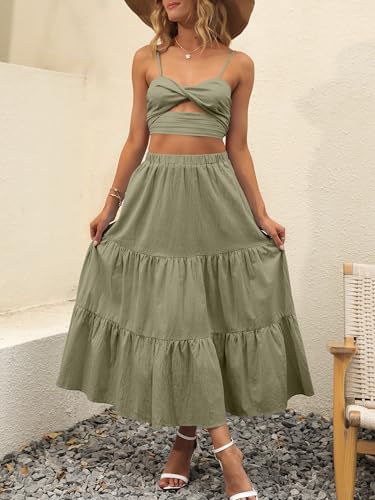 Image of ANRABESS Women's Summer Boho Flowy Swing Tiered A-Line Maxi Skirt 2026 Fashion Trendy Elastic Waist Pleated Long Beach Dress