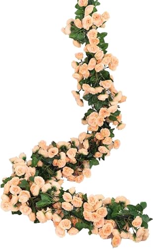 Image of VRB Dec 1 Pcs Artificial Flower Vine Garlands Hanging Artificial Flowers for Decoration Small Peony Roses Garland (6 ft Long) Flowers Silk Peony Roses for Diwali /Ganpati /Christmas. (Peach)