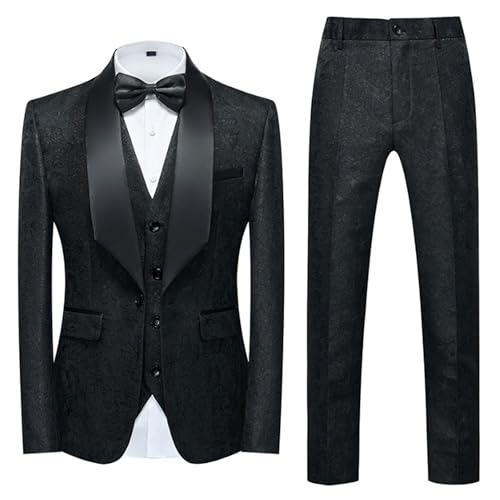 Mens Tuxedo 3 Pieces Slim Fit Suit Blazer Jacquard Shawl Lapel Vest Pants Wedding Party Prom Banquet Performance