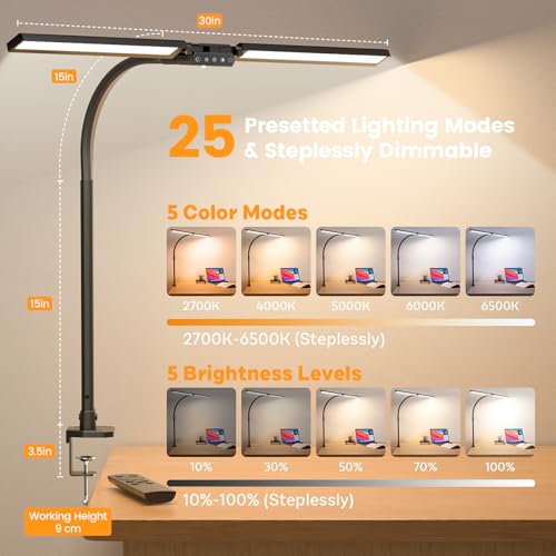 Image of SIBRILLE Upgraded Desk Lamp for Home Office - Dimmable Computer Desk Light with Remote, Modern Architect Task Lamp with Color Changing, Flexible Desktop Lamp with Gooseneck for Monitor, Double Head