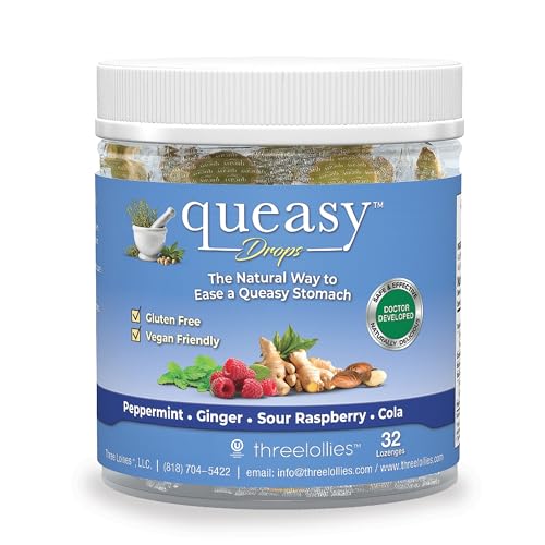 Three Lollies Queasy Drops - Relief from Nausea & Travel Sickness - Soothes a Dry Mouth & Settles Stomach - Natural Ingredients - 32ct