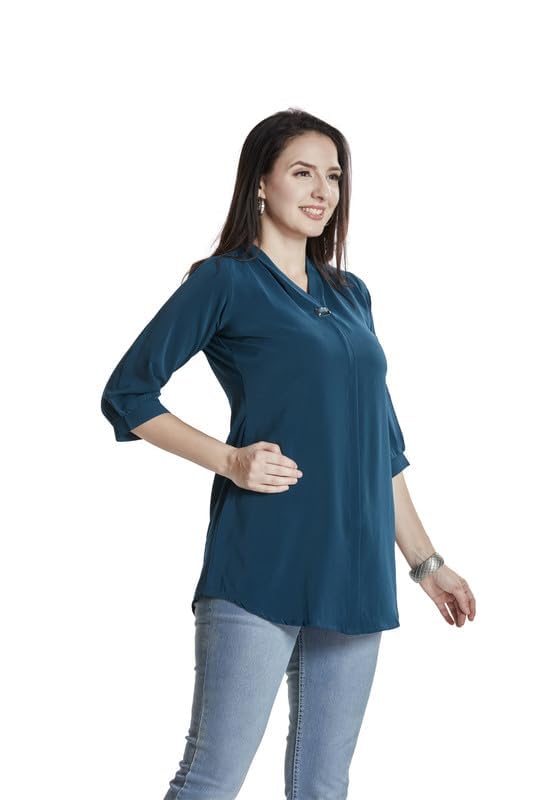 Image of nioni Women's Purple Poly Linen Blend Tunic Top with 3 /4 Sleeves, Printed Yoke, Kantha Stitch Detailing & Mandarin Collar