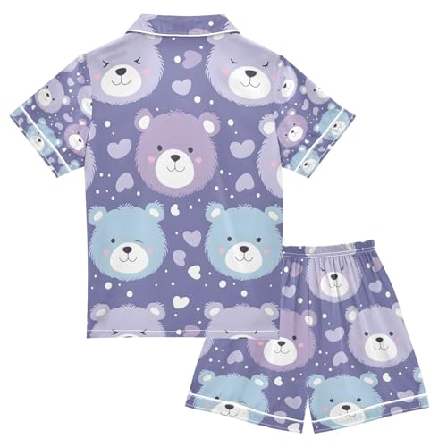 senya Cute Bear Face Purple Satin Summer Pajama Sets Silk Short Sleeve Button Down Sleepwear2