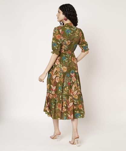 Image of PIDAVLIYA'S Women's Cotton Floral Printed Midi Dress | V-Neck Fit & Flare Dress with Puff Sleeves | Casual Summer Wear
