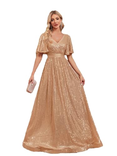 Women V Neck Short Sleeves Gold Evening Dresses Women Sequins Wedding Party A-Line Maxi Cocktail Dresses