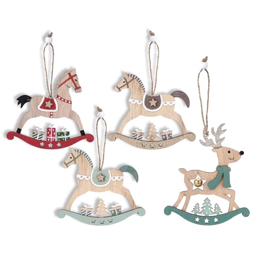 Packung von 4 Rocking Horse Weihnachtsbaum Dekorationen Holz Pferd...