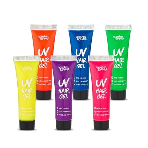 UV Neon Hair Gel Set - 6 Bright Non-Toxic Colors with Black Light Glow for Raves, Parties, Clubs, Halloween Costume - Non-Toxic Temporary Wash Out Color - by Splashes and Spills