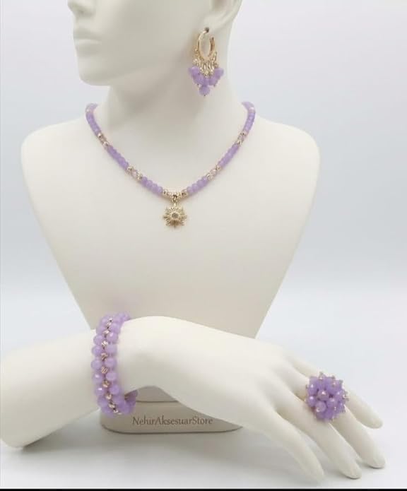 Set Gioielli con Perline Lilla e Oro, 4 Pezzi