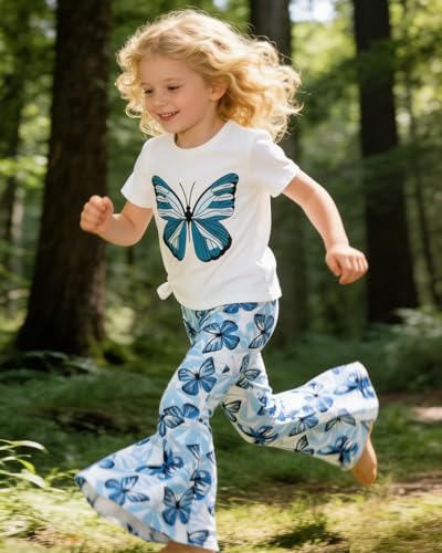 Image of OLMRJKD Kid Toddler Girl Clothes Outfits Short Sleeve Butterfly Top Flared Leg Pants Summer Clothing Set