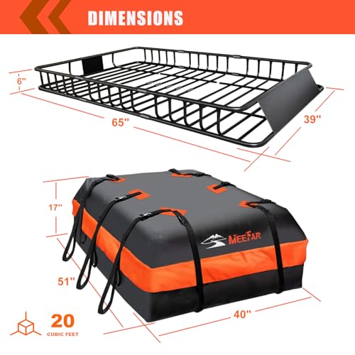 Image of Roof Rack Cargo Carrier Basket 65 inch*39 inch*6 inch+Waterproof Bag 20 Cubic Feet(51 inch*40 inch*17 inch),and Cargo Net with Attachment Hooks,Ratchet Straps.200 Lbs Capacity,Universal Rooftop Large Size Roof Rack Update