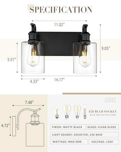 Image of 2-Light Black Bathroom Light Fixture Over Mirror, Modern Vanity Light, Clear Glass Wall Sconce, VL01BK-2