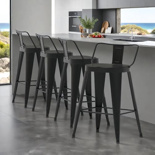 Set de 4 Bancos de Bar de Metal de 30 Pulgadas, Estilo Industrial Moderno con Respaldo Bajo, para Cocina y Pubs (Negro) miniatura 2