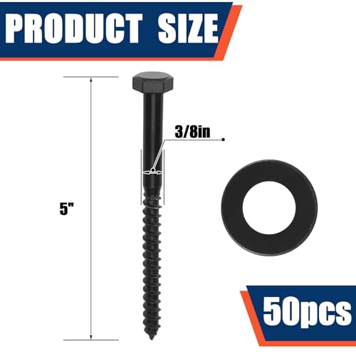 Image of Tandefio 50 Pack 3 /8''X 5'' Lag Bolts Screw with Washer Galvanized, Black