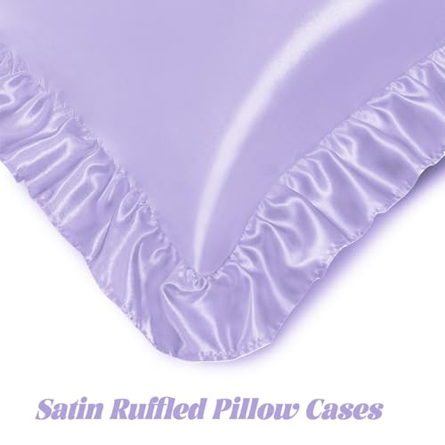 Image of Homiest Lavender Queen Ruffle Pillowcase & Satin Fitted Sheet Set 3Pcs | Silky Satin Protects Hair And Skin, 15-Inch Deep Pocket, Pearlescent Dreamy Soothing Hue, Easy Machine Wash Care