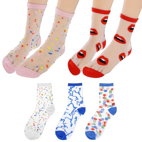 Ouligay 5 Pairs Sheer Socks Women Ankle,Ransparent Thin Mesh Lace Socks Women,Acrylic Color Spots Womens Trouser Sock,Transparent Mesh Sock for Girl(Multiple Styles)