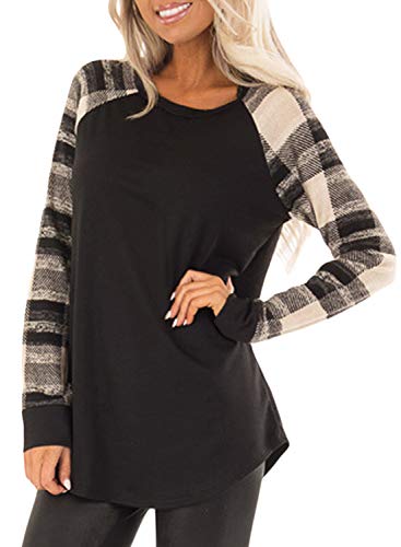 Asvivid blusa feminina de manga comprida e gola redonda com contraste de cores, casual, solta, B Mul