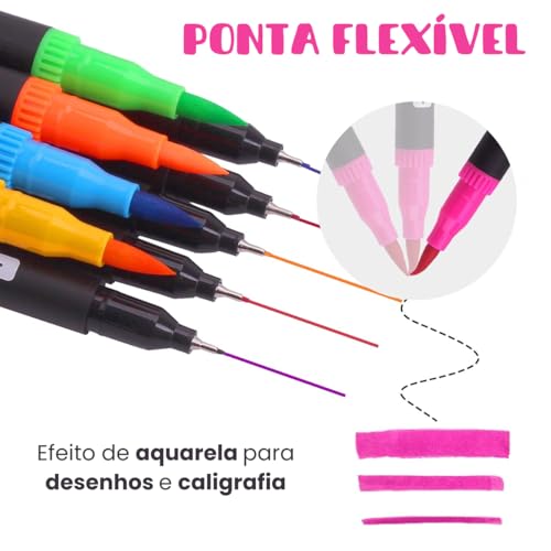 Kit Canetinhas Coloridas 60 Cores Brush Pen com Pontas Duplas, Conjunto Caneta Brush para Livros de