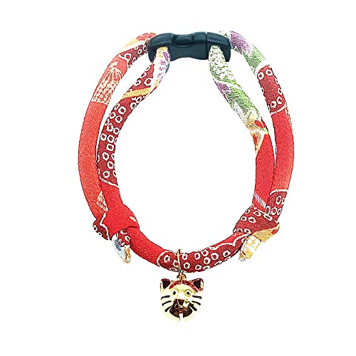 PetSoKoo Cat Collar with Kitty Face Bell. Cute Japan Chirimen Kitten Collar. Soft & Lightweight, Red, Standard (6-13inch,16-32cm)