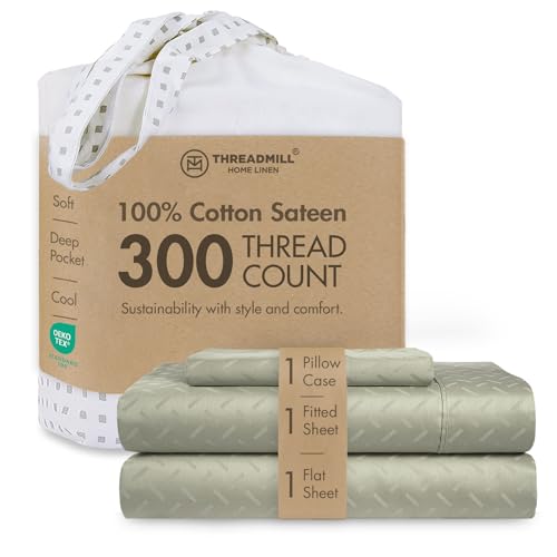 Image of Threadmill 300TC Cotton Twin Sheet Set, Sateen, Jacquard, Sage Green | 100% Cotton, Sateen Weave, Jacquard Pattern, 3-Piece Set, 16 inch Deep Pocket, Cooling, Breathable, OEKO-TEX Certified