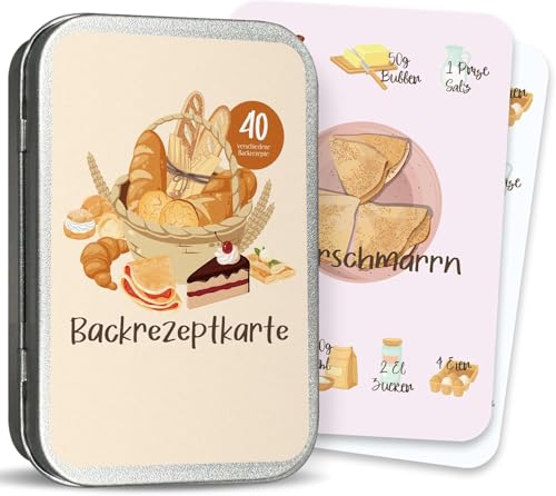 BIROYAL Backkarten mit 40 Karten in 5 Kategorien: Backen Geschenk mit Metalldose, Rezeptkarten mit Abbildungen und Erklärungen, Kartenspiel statt Backbuch, Backzubehör für Anfänger