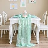 H HOMEWINS Glitzer Tischläufer 30×305 cm - Grün Sequin & Polyester, Wiederverwendbar, Festliche Tischdeko für Kindergeburtstag, Hochzeit, Party, Event