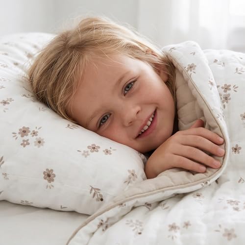 Image of MakeMake Organics Organic Full Comforter GOTS Certified Organic Kids Blanket Cotton Infill Tufted - Reversible Ultra Soft Breathable Boys Girls (90 inchx88 inch, Bloom + Pecan)