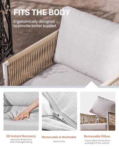 Image of ZANDOR Aluminum Outdoor Patio Furniture 2 Pcs Armchair, All-Weather Metal Modern Outside Furniture with Washable Thick Cushion, HDPE Woven Rope Rattan Bistro Sofa Chair, Garden /Backyard /Porch, Silver