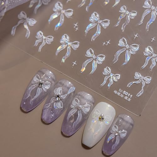 Phuryllic 3D Nail Stickers for Nail Art Embossed Self-Adhesive Cute Nail Charms & Decals for DIY Nails Easy-to-Apply Nail Design Supplies & Accessories for Home Manicure-Laser White Bow