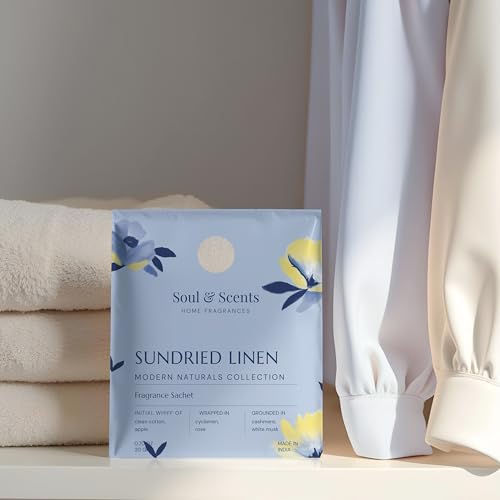 Image of Soul & Scents Sundried Linen Fragrance Sachet | A Comforting Aroma of Pure Cotton | Long-Lasting Air Freshener for Car, Wardrobe, Kitchen, and Travel Bag | Pack of 3-20gm Each