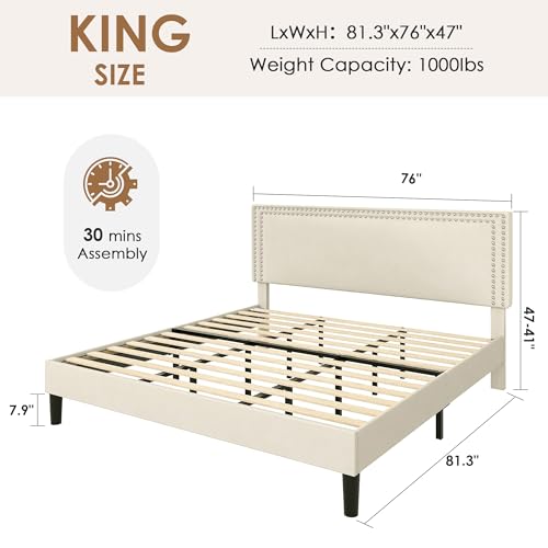 Image of VECELO King Bed Frame with Rivet-Tufted Headboard & Footboard, Upholstered Platform Bed with Wood Slats Support, No Box Spring Needed, Noise-Free, Easy Assembly, Beige