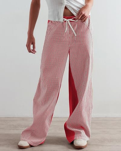 Image of PEIHOT Low Rise Striped Pants for Women Pull On Drawstring Boho Wide Leg Jeans Trendy 2026