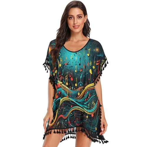 KAAVIYO Cool Abstract Music Notes Women's Beach Cover Up Chiffon Tassel Swimwear Swimsuit Coverups for Girl