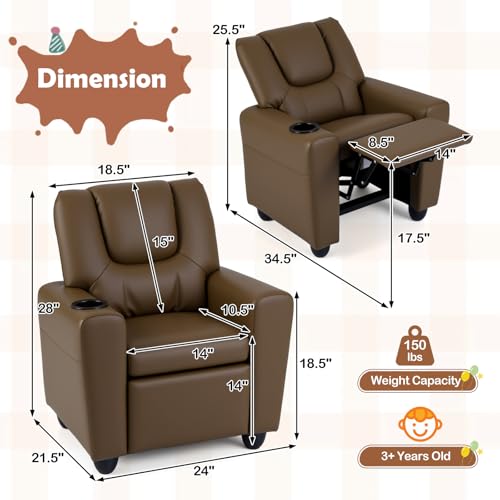 Image of Kids Recliner, Toddler Lounge Chair w /Cup Holder, Wide Armrest, Kids Sofa w /Adjustable Footrest, Comfy Toddler Recliner Chair for for Boys & Girls 3 + (PU, Brown)