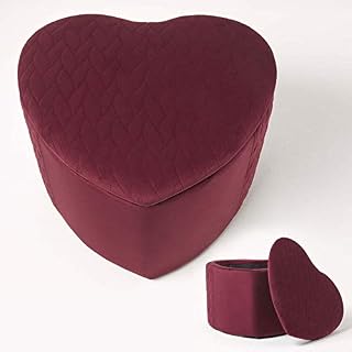 HOMESCAPES Red Velvet Footstool with Storage Pouffe Heart Shaped Modern On-Trend Quilted Vanity Stool with Lid Multifunctional Upholstered 'Arundel' Footrest Ottoman Stool Seat, 33 cm Tall