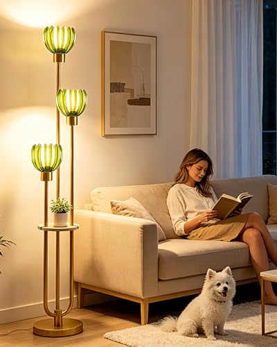 Image of Lightdot 3-Lights Glass Floor Lamp for Living Room Modern Gold Floor Lamps with Lotus Green Glass Shade& Bulbs Included for Wedding /Party Tall Standing Lamp for Bedroom /Sofa Beside /Corner Decor