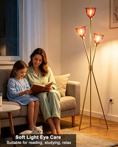 Image of Lightdot 3-Lights Glass Tripod Floor Lamp Gold Dimmable Floor Lamps with 3000K Warm White Bulbs for Wedding Party 62IN Tall Standing Lamp with Deep Red Glass Shade for Living Room /Bedroom /Home Decor