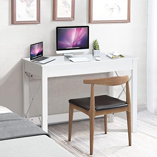 COSTWAY Computer Desk, Wooden Writing Workstation PC Laptop Table, Simple Style Home Office Bedroom Working Study Desk (White)