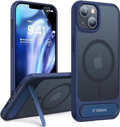 TORRAS Upgrade Magnetic & Stand Designed for iPhone 13 Case/iPhone 14 Case, Compatible with MagSafe, Built in Kickstand, Mil-Grade Drop Protection for iPhone 13/14 Phone Case, Translucent Matte Blue