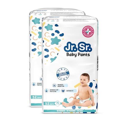 Image of Jr. Sr. Baby Diaper Pants | Extra Large (XL) Size (12-17 kg), 104 Count | Pack of 2 | Upto 12 hr Absorption with Advanced Leak Protection | Safe For Babies Skin | Soft, Secure & Comfy