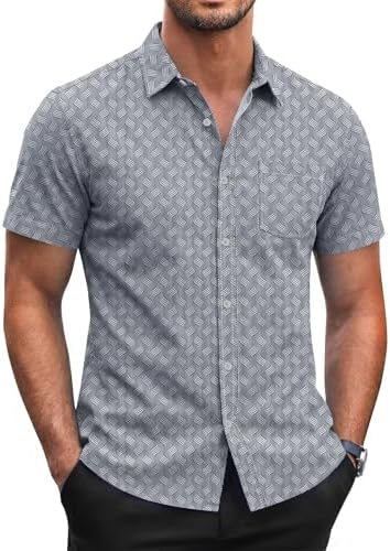 (-40%) HMIYA Herren Hemd Kurzarm Freizeithemd 100% Baumwolle mit Tasche Regular fit Businesshemd Musterhemd,Hellgrau,L