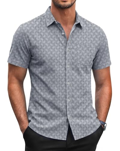 HMIYA Herren Hemd Kurzarm Freizeithemd 100% Baumwolle mit Tasche Regular fit Businesshemd Musterhemd,Hellgrau,L