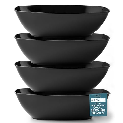 Posh Setting Black Plastic Serving Bowls Disposable - Oval Bowls - Oval Candy Bowl - Plastic Snacks & Chip Bowls for Parties - Black Party Serving Dishes 4 pack