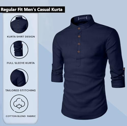 Image of Zombom Men's Cotton Blend Solid Casual Regular Fit Mandarin /Chinese Collor Short Full Sleeve Kurta for Men