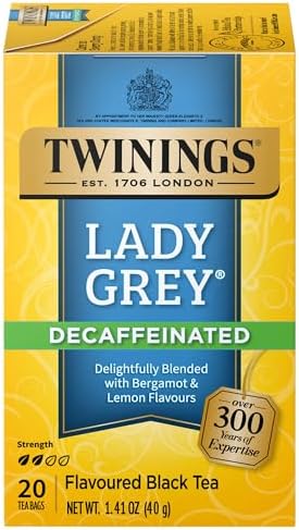 Decaffeinated Lady Grey Black Tea Individually Wrapped Bags, 20 Count (Pack of 1), Orange Peel & Lemon Peel, Enjoy Hot or Iced, 20 Teabags