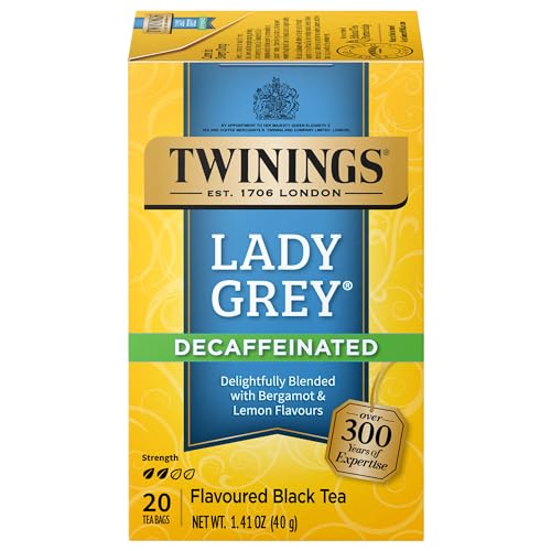 Twinings Decaffeinated Lady Grey Black Tea Individually Wrapped Bags, 20 Count (Pack of 1), Orange Peel &amp; Lemon Peel, Enjoy Hot or Iced, 20 Teabags