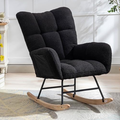 Image of Phore Nursery Rocking Chair Teddy Upholstered Glider Rocker with High Backrest Armchair Comfy Side Modern Rocking Accent Chairs for Living Room, Nursery, Bedroom, Offices(Black)